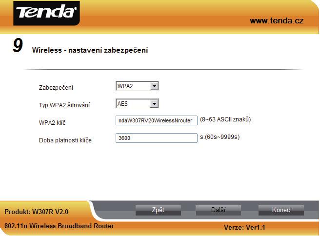 Z nabídky Typ WPA2 šifrování zvolte raději AES (bezpečnější bloková šifra). Do pole WPA2 klíč zadejte řetězec o délce 8 až 63 znaků heslo pro připojení do vaší bezdrátové sítě.