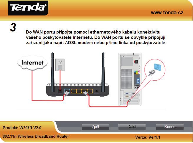 8. Do WAN portu (modrá zdířka na zadní straně zařízení) připojte pomocí ethernetového kabelu konektivitu vašeho poskytovatele Internetu.