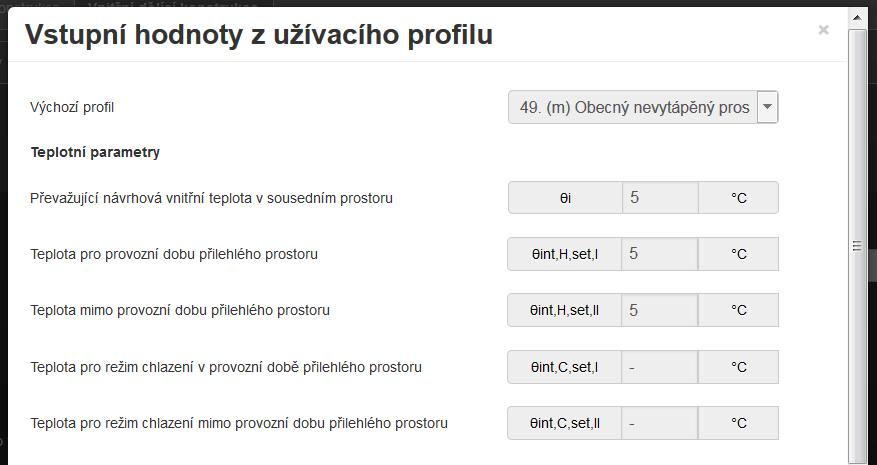 Obecně každý profil pro měsíční krok výpočtu obsahuje pole pro zadání návrhové teploty pro výpočet Uem (θi - pro stanovení činitele teplotní redukce "b" pro konstrukci přilehlou k sousednímu prostoru