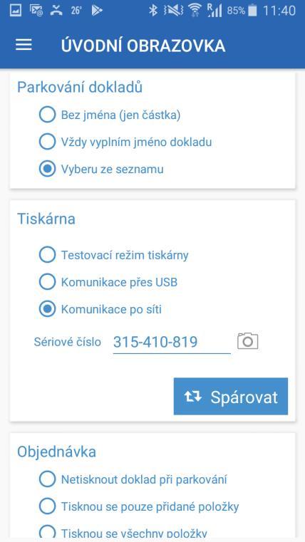 Propojení s terminálem FiskalPRO Spárování a propojení s tiskárnou a platebním terminálem MENU NASTAVENÍ/TISKÁRNA Komunikace přes USB (připojení kabelem) Terminál FiskalPRO musí být přepnutý do