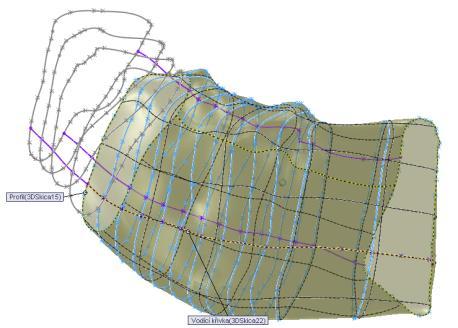 Při tvorbě korpusu dolní čelisti je potřeba vytvořit 3D skici, které okopírují tvar importovaných křivek, ovšem bez zubů (Obr. 3.40).