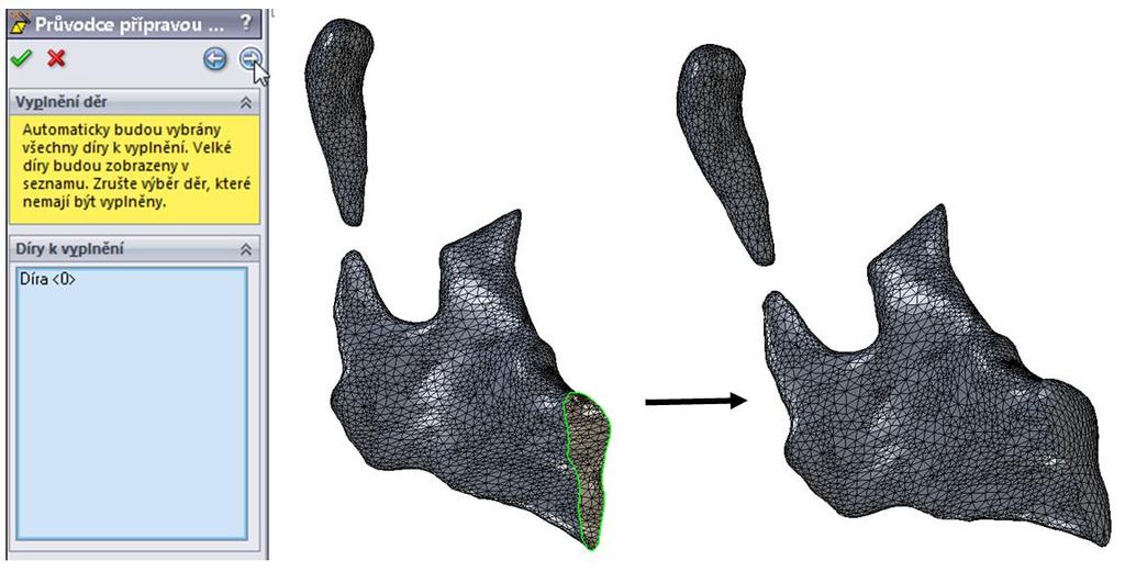 Obr. 3.60 Vyplnění díry v STL modelu. Když jsou úpravy sítě hotovy, průvodce se automaticky přepne na spuštění příkazu "Průvodce plošným modelováním" (Obr. 3.61).