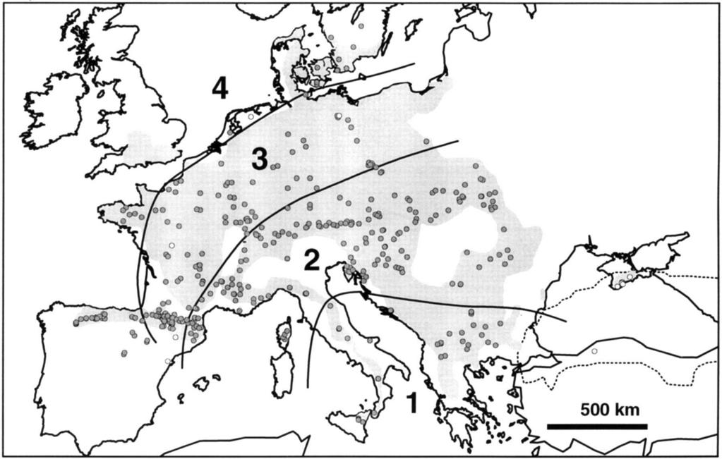 Postglacial recolonisation in Fagus sylvatica (389 pop, 18440 trees, 15 allozyme loci) Four zones have been determined, corresponding to colonization history.