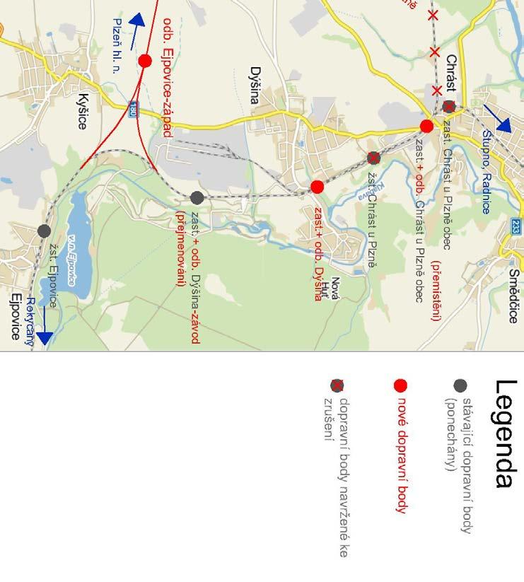 Obrázek 4: Základní schéma úprav v oblasti Ejpovic, Dýšiné a Chrástu v případě realizace přímého napojení ve/ze směru Plzeň Součástí návrhu je úprava polohy zastávek v traťovém úseku odbočka