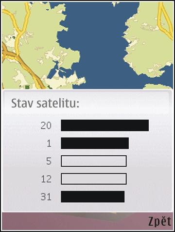 zvolte možnost Nástroje > Připojení > GPS data > Poloha > Volby > Stav satelitu. Můžete také v aplikaci Mapy zvolit možnost Volby > Možnosti mapy > Satelitní info.
