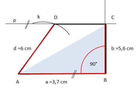 2) Narýsuj pravoúhlý lichoběžník ABCD s pravým úhlem při vrcholu B, je-li dáno: AB = a = 3,7 cm, BC = b = 5,6 cm AD = d = 6 cm a je-li AB CD.