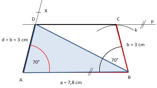 5) Sestroj rovnoramenný lichoběžník ABCD se základnami AB CD, pokud znáš: AB = a = 7,8 cm, BC = b = 3 cm, úhel BAD = 70.