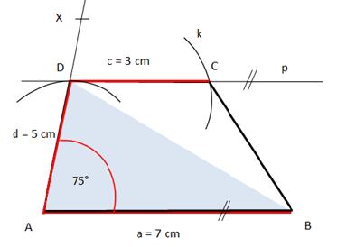 7) Sestroj lichoběžník ABCD se základnami AB CD, pokud znáš: AB = 7 cm, AD = 5 cm, CD = 3 cm a úhel = 75.