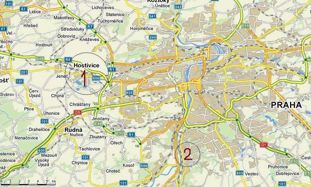 Mapa Prahy s vyznačenou zkoumanou lokalitou