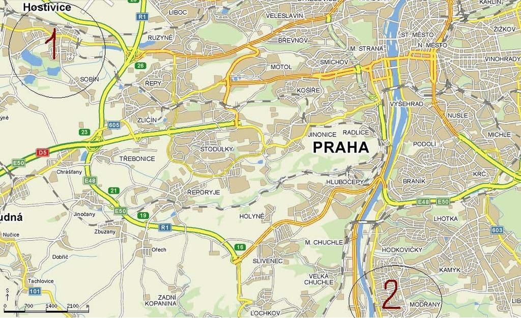19. Mapa Prahy s vyznačenou zkoumanou lokalitou (kroužek ozn.
