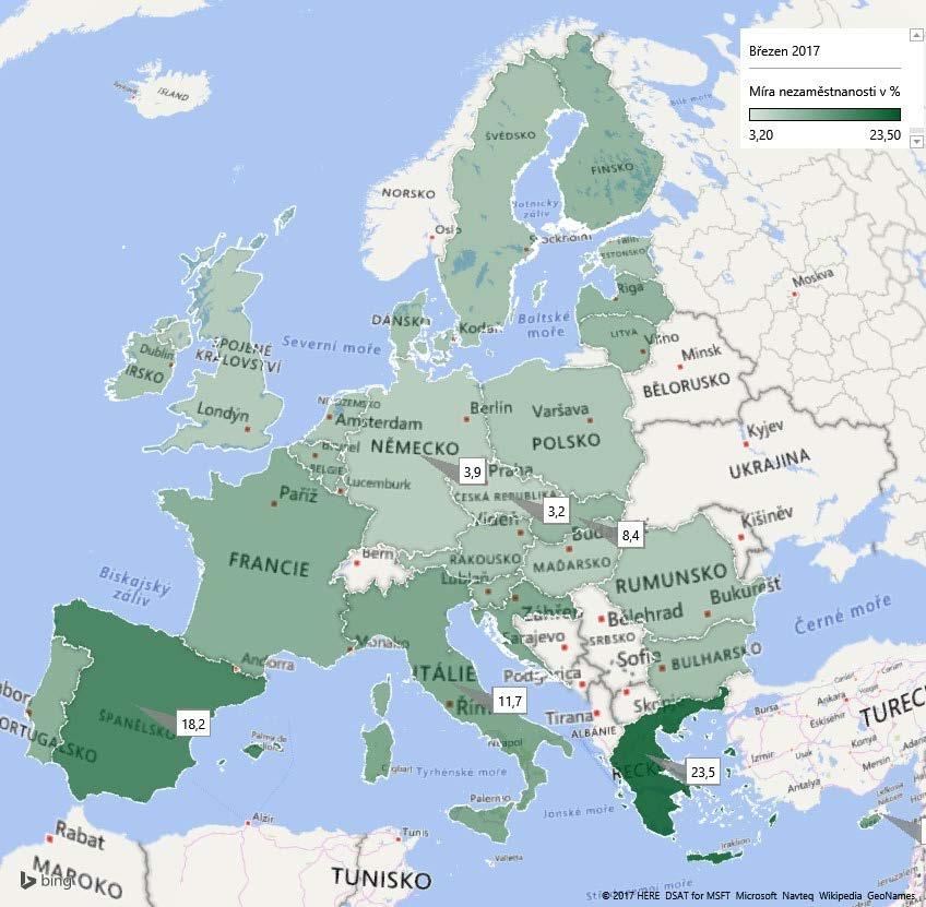 Nejnižší míra nezaměstnanosti byla v březnu 2017 zaznamenána opět v České republice (3,2 %), v Německu (3,9 %), na Maltě (4,1 %) a v Maďarsku (4,3 % v únoru 2017).