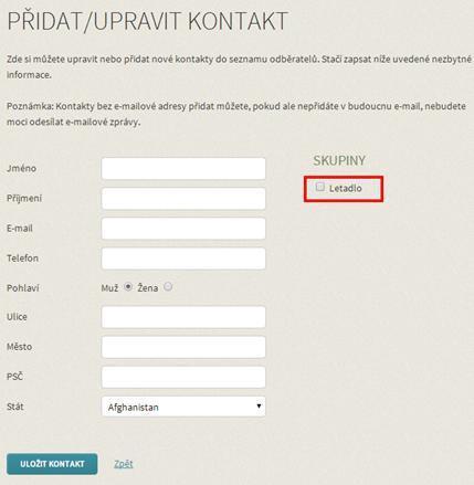 Obr. 20.8.2 Přidání kontaktu 20.7. Zprávy z kontaktního formuláře Zprávy z kontaktních formulářů mohou odcházet na e-mailové adresy, ke kterým nemusíte mít přístup, nebo obtížný přístup.