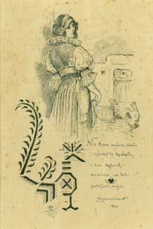 1 Aleš Mikoláš (1852 1913) Na tom našem dvoře, 1888 kresba tuší, 16,5x12 cm, signováno vpředu, pasparta, sklo, rám, stav: