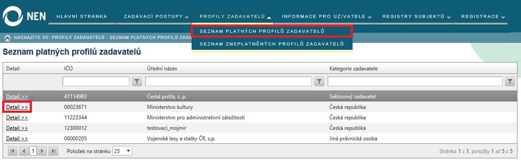 Funkcionalita pro přístup na profil zadavatele je dostupná z menu záložky Profily zadavatelů. 1. V menu záložky Profily zadavatelů vybere volbu Seznam platných profilů zadavatelů. 2.