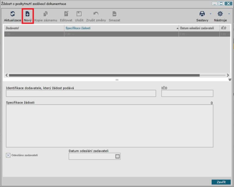 tlačítko Nový. Obrázek 355 Vytvoření žádosti o zadávací dokumentaci 3.