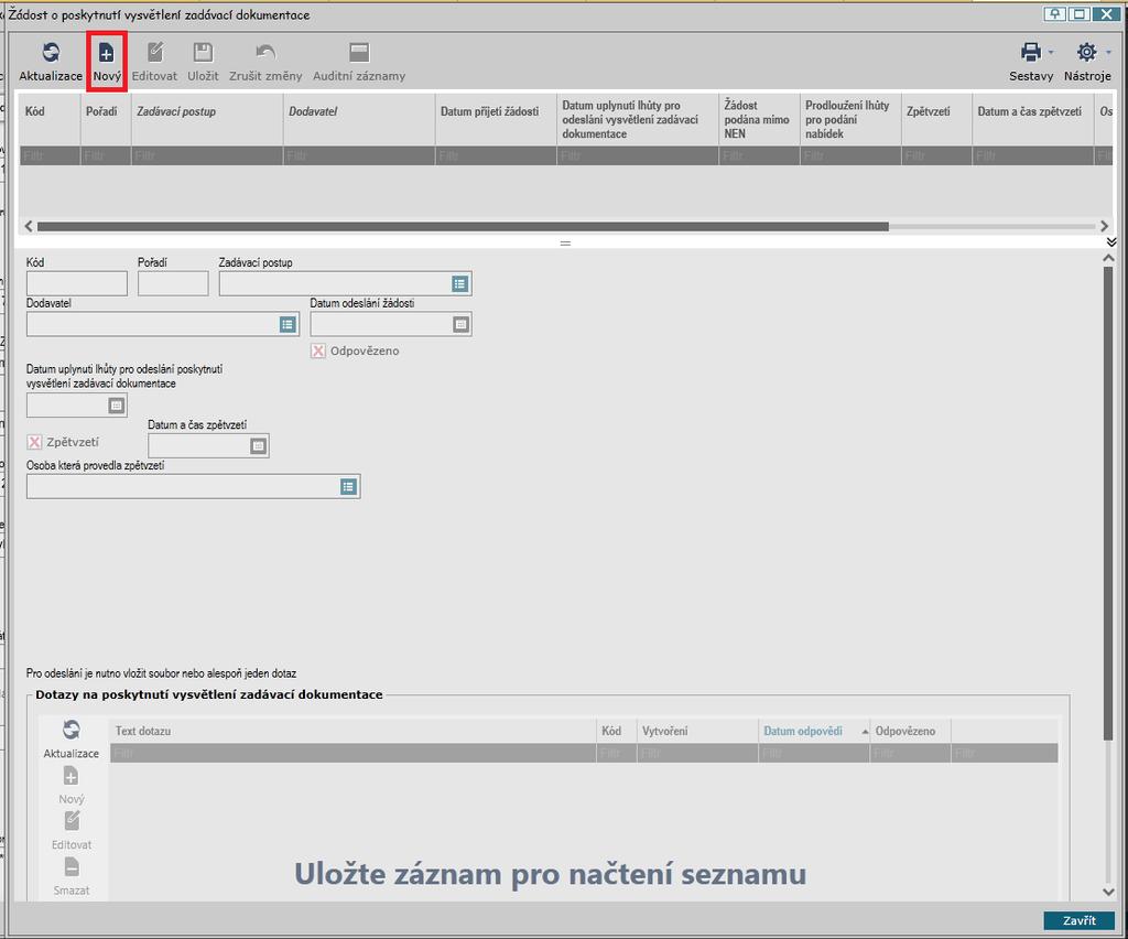 5.4.2 ŽÁDOSTI O VYSVĚTLENÍ ZADÁVACÍ DOKUMENTACE Funkcionalita je dostupná z detailu zadávacího postupu kliknutím na tlačítko Podání žádosti o poskytnutí vysvětlení zadávací dokumentace (pod položkou