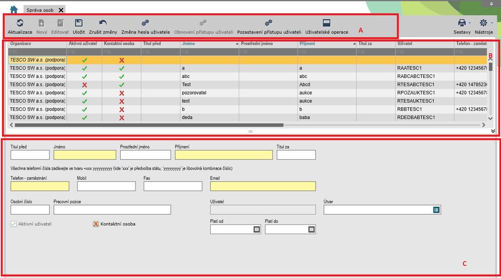 Systém umožňuje ve vztahu k registraci osob do organizace a jejich správě využít následující funkcionality: Registrace uživatelů Pozastavení/obnovení přístupu uživatelů do systému Úprava informací o