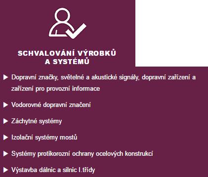 Web politiky jakosti pozemních komunikací Schvalování výrobků a systémů Výrobky a systémy schválené Ministerstvem dopravy dopravní značky, světelné a akustické signály, dopravní zařízení a zařízení