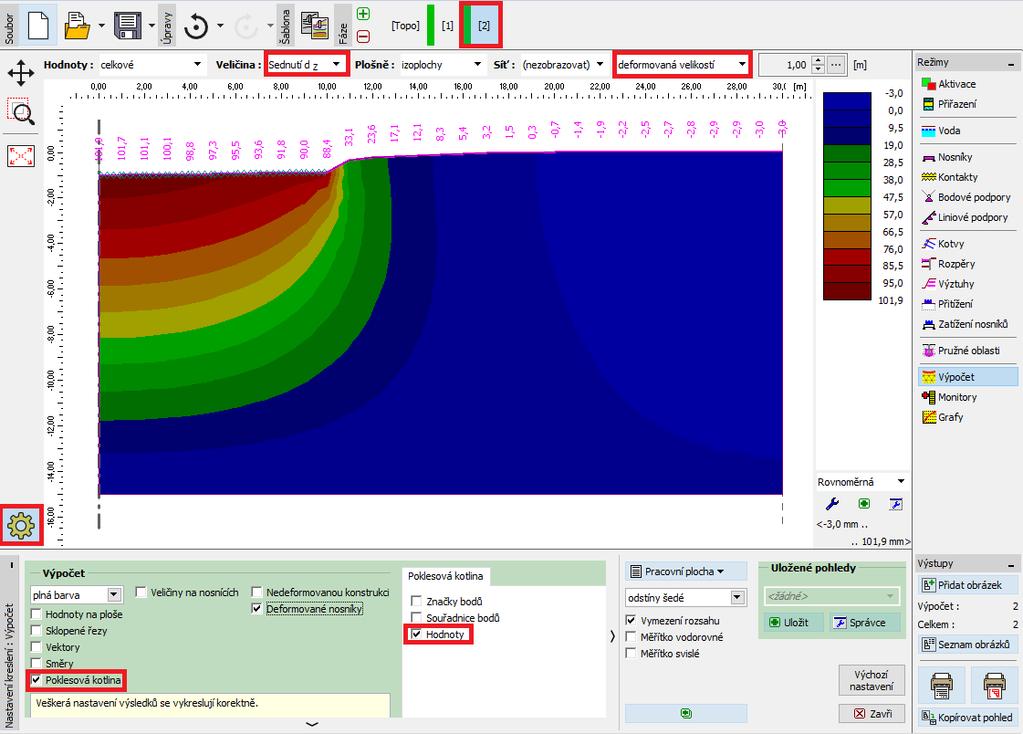 Rám Výpočet Fáze budování 2 (svislá deformace d z s poklesovou kotlinou) Pro vykreslení poklesové kotliny klikneme na tlačítko Nastavení a v záložce Poklesová kotlina zatrhneme možnosti Hodnoty (více