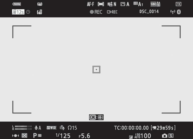 Hledáček: Režim videosekvencí V hledáčku se v režimu videosekvencí zobrazují následující indikace. 1 13 2 3 4 12 11 10 9 5 8 6 1 Velikost obrazu a snímací frekvence/ kvalita obrazu.