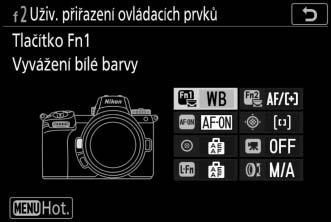 2 Vyberte tlačítko. Vyberte možnost pro požadované tlačítko a stiskněte tlačítko J.