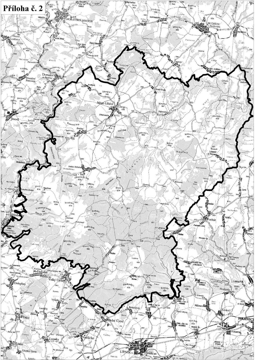 Obr. 8: Schematická mapa polohy hranice ptačí oblasti Libavá (zdroj: Příloha 2 nařízení Vlády ČR č.533/2004 