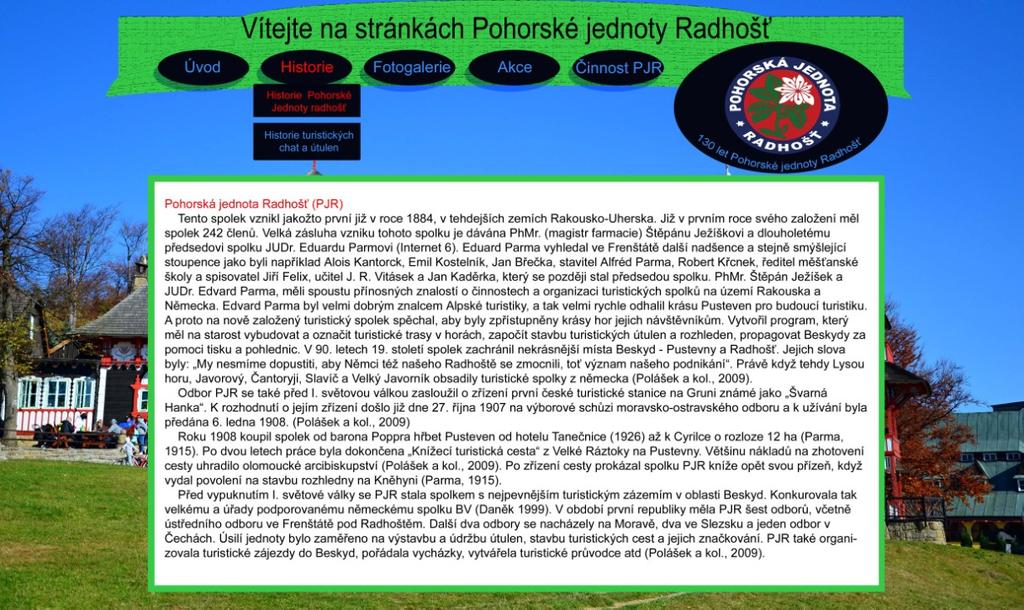 Obrázek č. 29 Návrh vebových stránek pro PJR s otevřeným obsahovám oknem. (Jako pozadí je použita fotografie Libušína a Maměnky z www.zrnka-pisku.cz/) 5.6.