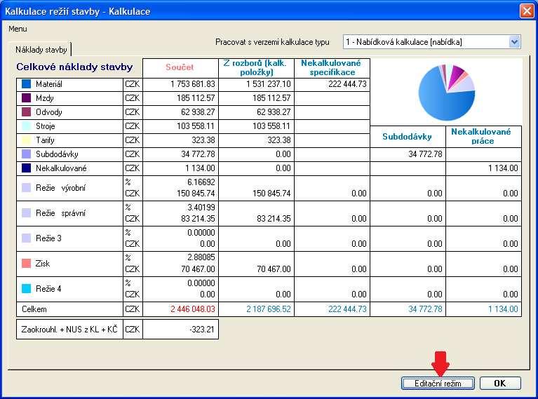 4 TVORBA CENOVÉ NABÍDKY Okno Kalkulace režií stavby vám poskytuje přehled o jednotlivých nákladech (Materiál, Mzdy, Stroje, Režie,...), které jsou sečteny z nabídkových kalkulací z celé stavby.