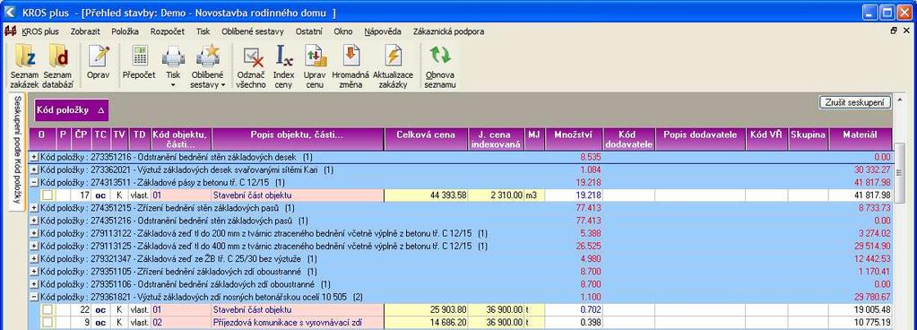 4 TVORBA CENOVÉ NABÍDKY Položky se seskupí podle kódu položky, přičemž v seskupovacím řádku můžete vidět počet jejich výskytů v rámci celé stavby.
