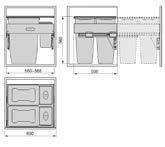 Výsuvný odpadkový 2koš s úchyty dvířek, 2 35 l, K45, šedý plast vnější šířka skříňky (mm) 1007162602 410-418 500 560 450 Objem: 2 35 l Složení kompletu: 2 plast.