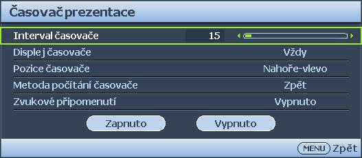 Nastavení časovače prezentace Časovač prezentace umožňuje zobrazit na projekční ploše čas prezentace, abyste měli lepší přehled o délce prezentace.