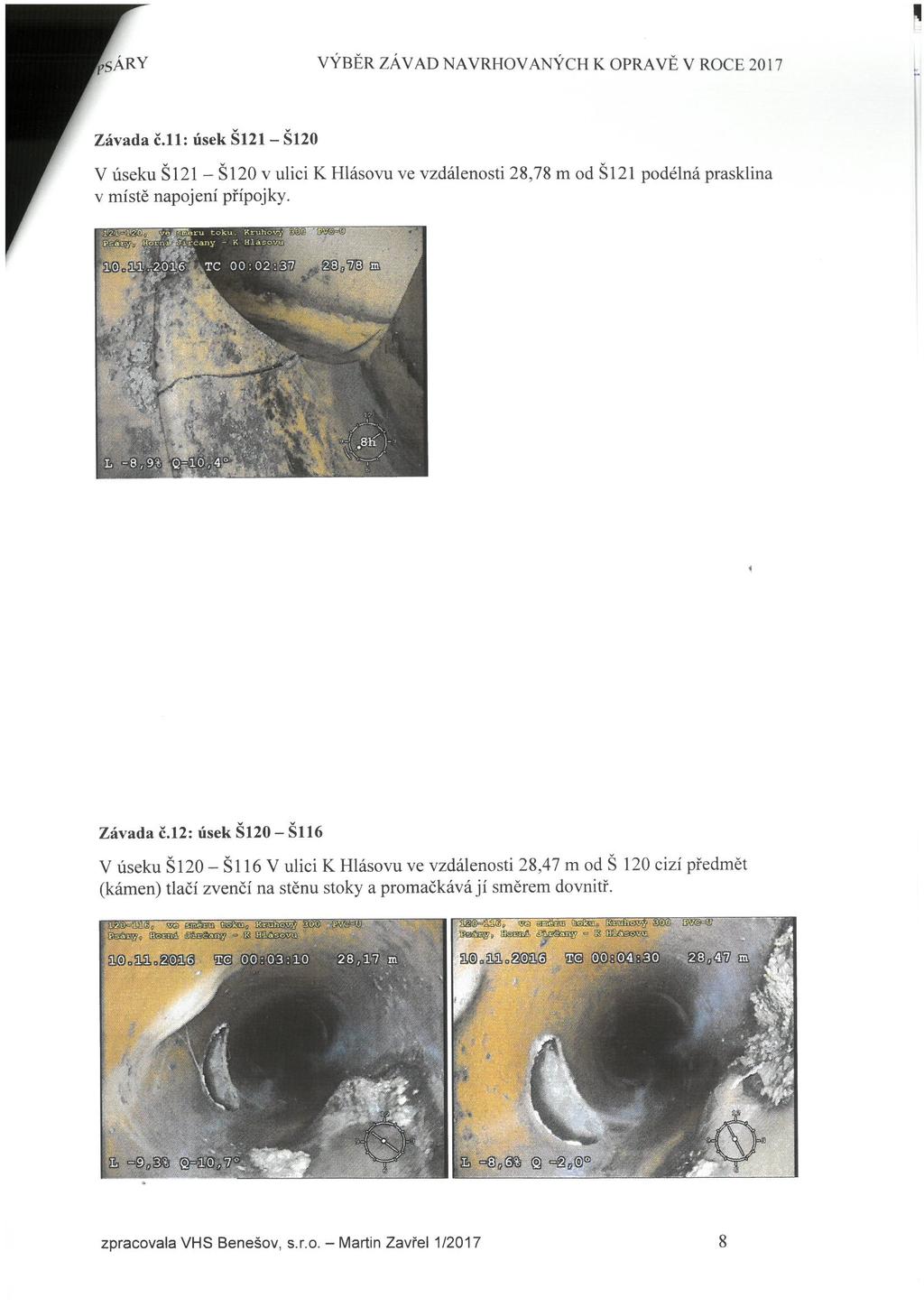 FpSÁRY VYBER ZAVAĎ NAVRHOVANÝCH K OPRAVĚ V ROCE 2017 Závada c. l l: úsek S121 - S120 V úseku S121 - S120 v ulici K. Hlásovu ve vzdálenosti 28, 78 m od S121 podélná prasklina v miste napojení přípojky.