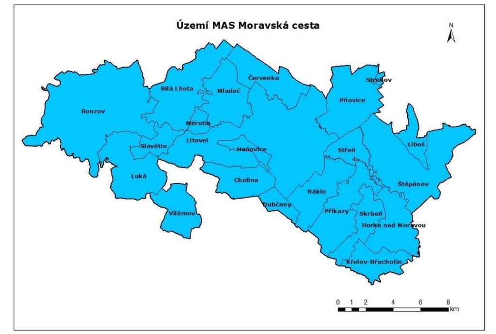 2. Charakteristika MAS Obrázek 1 - MAS Moravská cesta v rámci Olomouckého kraje MAS Moravská cesta je situována severozápadně od Olomouce a tvoří přirozenou spojnici tří typů území nížinatá oblast