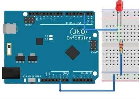 5. Protože IO port na Arduino může poskytovat proud nejméně 20 ma, takže můžete používat digitální IO pro přímé ovládání LED. Zde bude potřeba jen proud 10 ma. 6.
