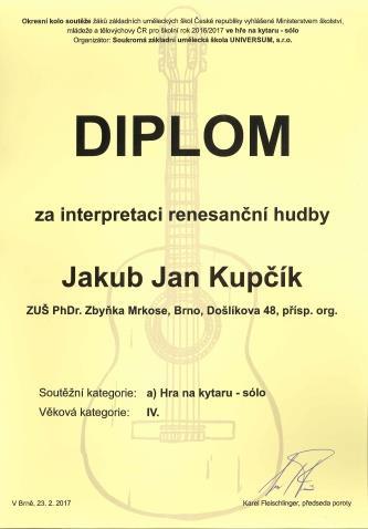 kategorii Filip Maňas žák Lenky Pokorné, v Vll. kategorii Jana Klakůrková ze třídy Miloslavy Vincourové a ve lv. kategorii kytarové duo Alexandra Moussová a Františka Pilařová ze třídy Mgr.