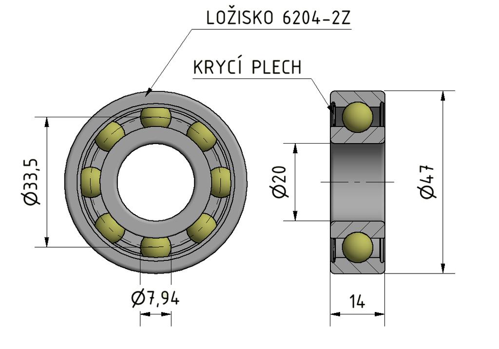 MATERIÁL A METODY 3.3 Ložisko 6204-2Z Při experimentu byla použita k testování ložiska SKF a ZVL. Specifické rozměry a vlastnosti jednořadého radiálního kuličkového ložiska (viz Obr.