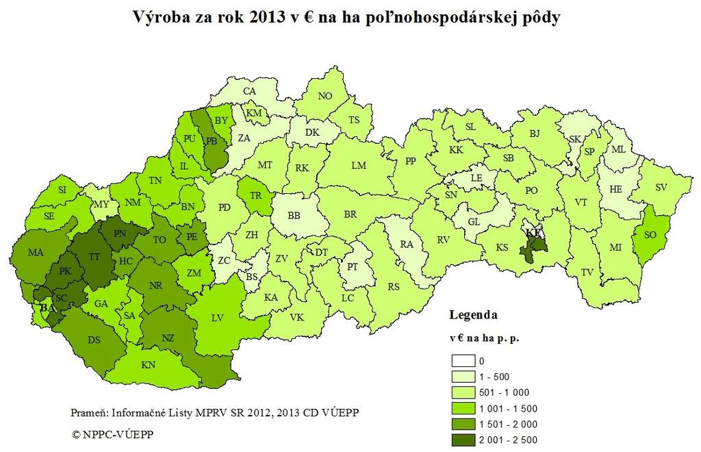 Poznámka: Výmera poľnohosp. pôdy podľa LPIS Mapa 1 N Najvyššia úroveň výroby bola v krajoch západného Slovenska.