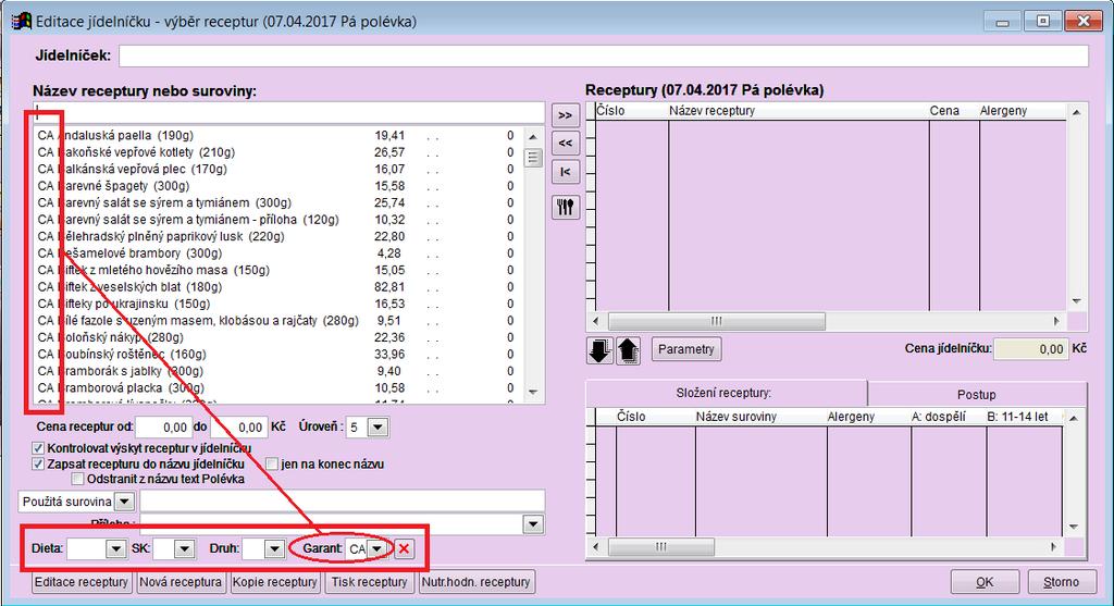 Uložení tzv. garanta při sestavení jídelníčku Při Editaci jídelníčků lze pro zúžení výběru receptur použít též filtr na tzv. garanta receptury (tedy označení autora či zdroje receptur).