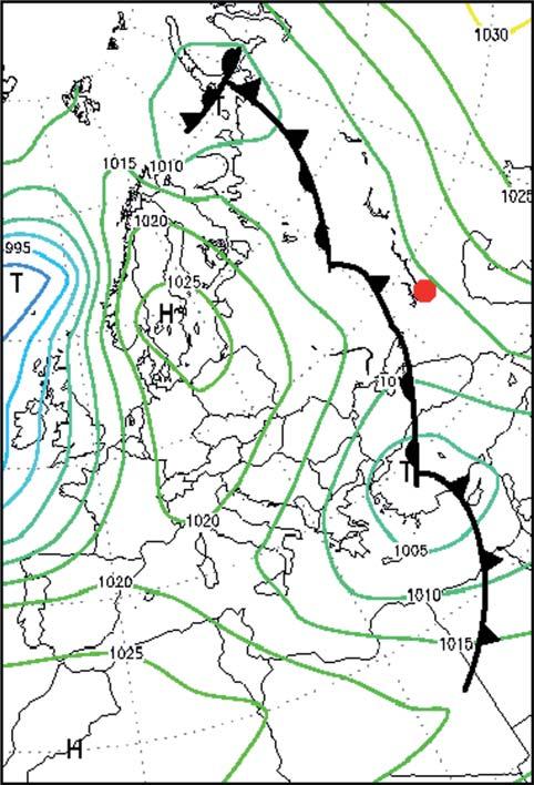 Obr. 3 Přízemní tlakové pole (hpa) dne 10. 1. 1943 (podle www.wetterzentrale.de.), doplněné pravděpodobnou polohou frontálního rozhraní. Je vyznačena poloha Stalingradu. Fig. 3.The surface pressure field (hpa) on January 10 1943 completed by a probable position of the frontal line.