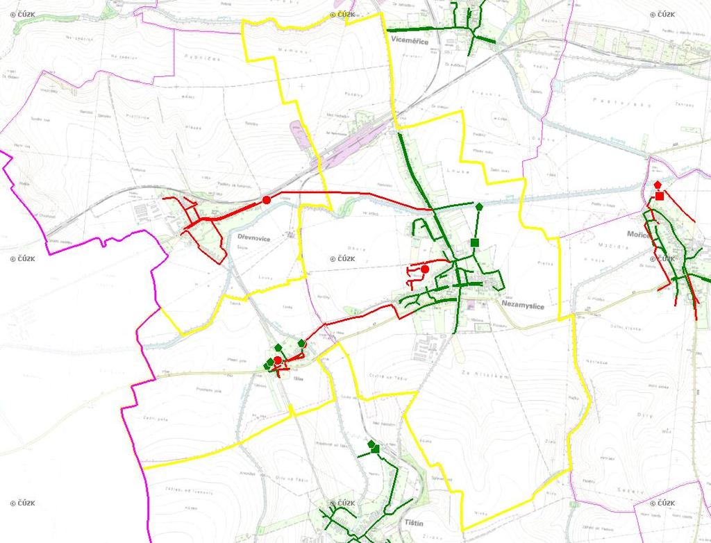 E. KANALIZACE A ČOV Mapa E1: Kanalizace - rozvody v obci Trasování sítí, lokalizace ČOV, čerpací stanice (ČS), výústě Obec: Nezamyslice Legenda: Kanalizace: Ochranné pásmo: Vyústění: do 2015 po 2015