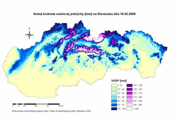 Obr. 7 Mapa celkovej výšky snehovej pokrývky na území SR zo dňa 16. 2.