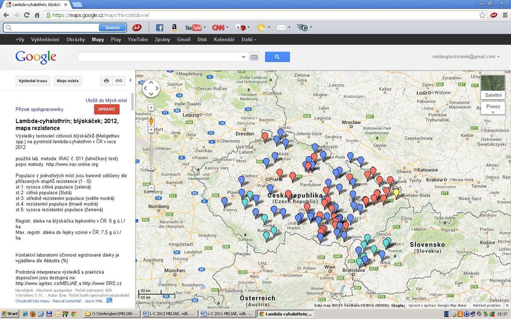 Ukázky práce s elektronickou mapou: Obr. 2 - Na mapě (server Google) jsou vyznačeny lokality, ze kterých byly odebrány vzorky populací blýskáčků testovaných na citlivost proti lambda-cyhalothrinu.