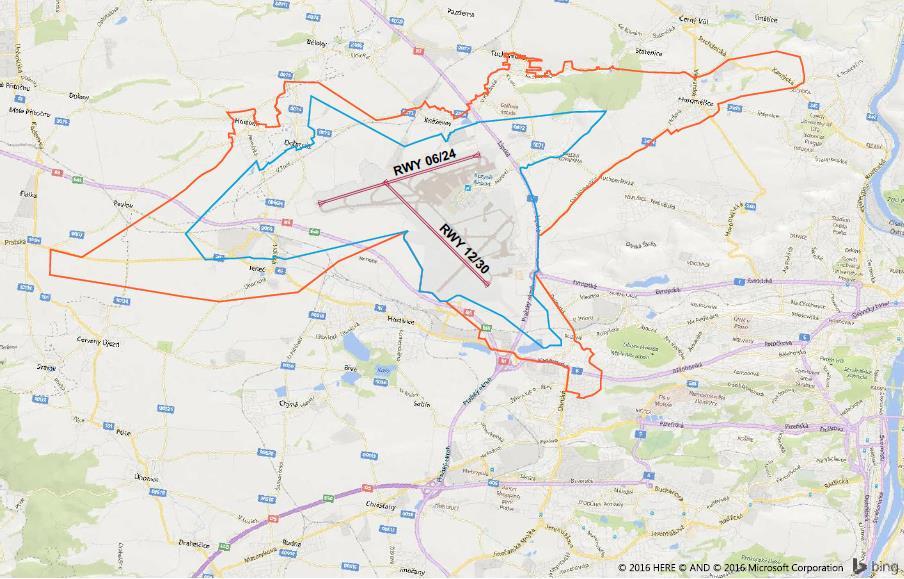 Obrázek 4 OHP LKPR - zóny A (červená)+ B (modrá) Pro splnění limitu hluku z leteckého provozu pro chráněný vnitřní prostor a zejména jako určitá kompenzace byla od roku 1998 do roku 2011 prováděna