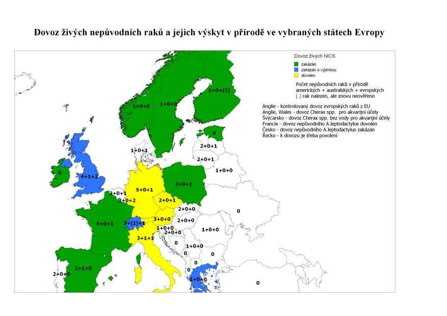 Obr. 11: Grafické znázornění přístupu k dovozu raků ve vybraných státech Evropy. Dle různých zdrojů Obr.