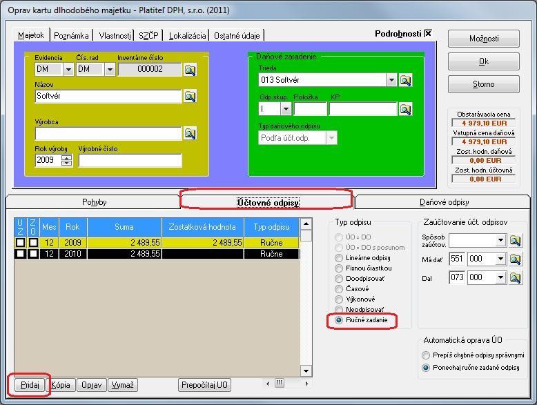 Odpisy si môţete zadávať aj ručne. Napr. softvér sa musí odpísať do piatich rokov. Kaţdý rok si ručne treba zadať odpisy, podľa toho, akú periódu účtovných odpisov ste si zvolili.