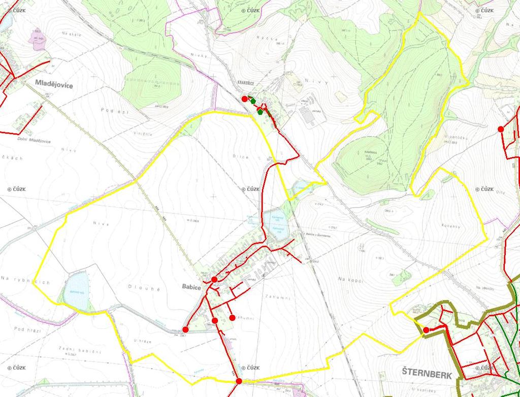 E. KANALIZACE A ČOV Mapa E1: Kanalizace - rozvody v obci Trasování sítí, lokalizace ČOV, čerpací stanice (ČS), výústě Obec: Babice Legenda: Kanalizace: Ochranné pásmo: Vyústění: do 2015 po 2015 I IA