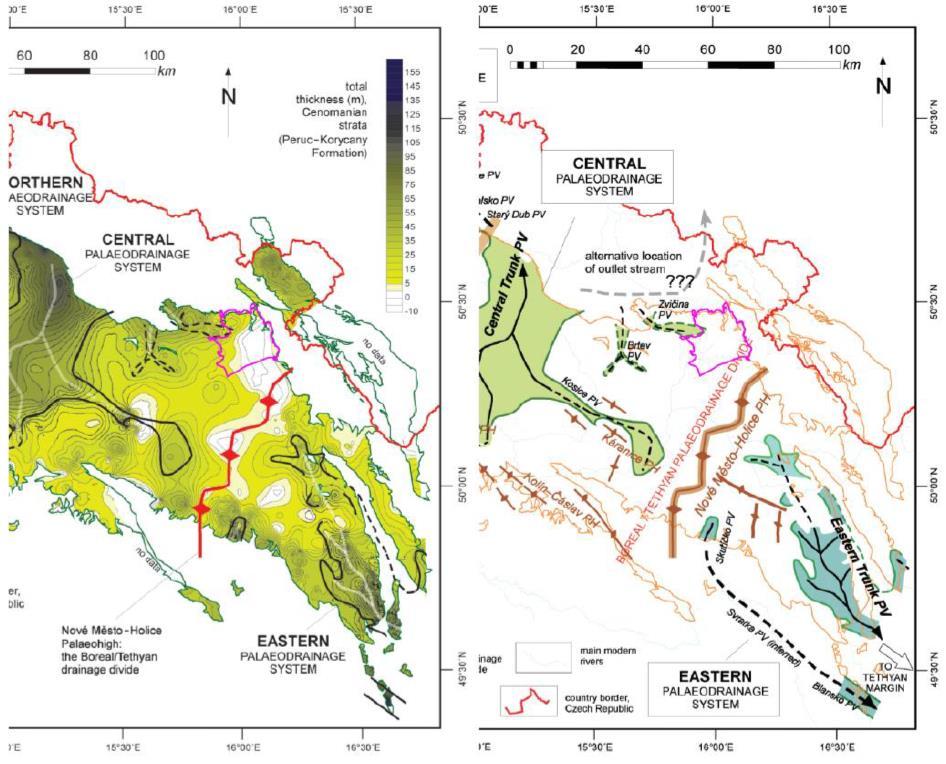Obrázek 4-5 Rozsah výplně paleoúdolí východního paleodrenážního systému cenomanu české křídy (hranice HGR fialovou čarou) a blízkém okolí.