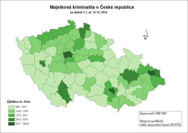 2.2 Vývoj jednotlivých druhů trestné činnosti, rozbor jednotlivých problematik v oblasti vnitřní bezpečnosti a veřejného pořádku 2.2.1 Majetková kriminalita Zjištěno trestných činů: 173 611 (-35 740,