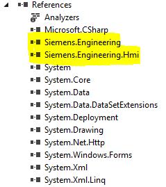 4 Programování Openness v jazyce C# Pro využití TIA Openness je nejdříve potřeba přidat knihovny Siemens.Engineering a Siemens.Engineering.Hmi mezi reference viz Obr. 4.1.