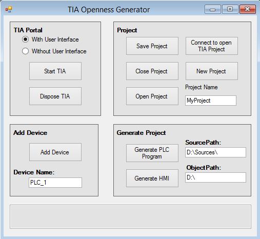 Obr. 5.8: TIA Openness Generator Prvním způsobem je spustit TIA Portal s vybraným módem, s kterým má být spuštěn buď to with UI, nebo without UI. Automaticky je vybrána možnost with UI.